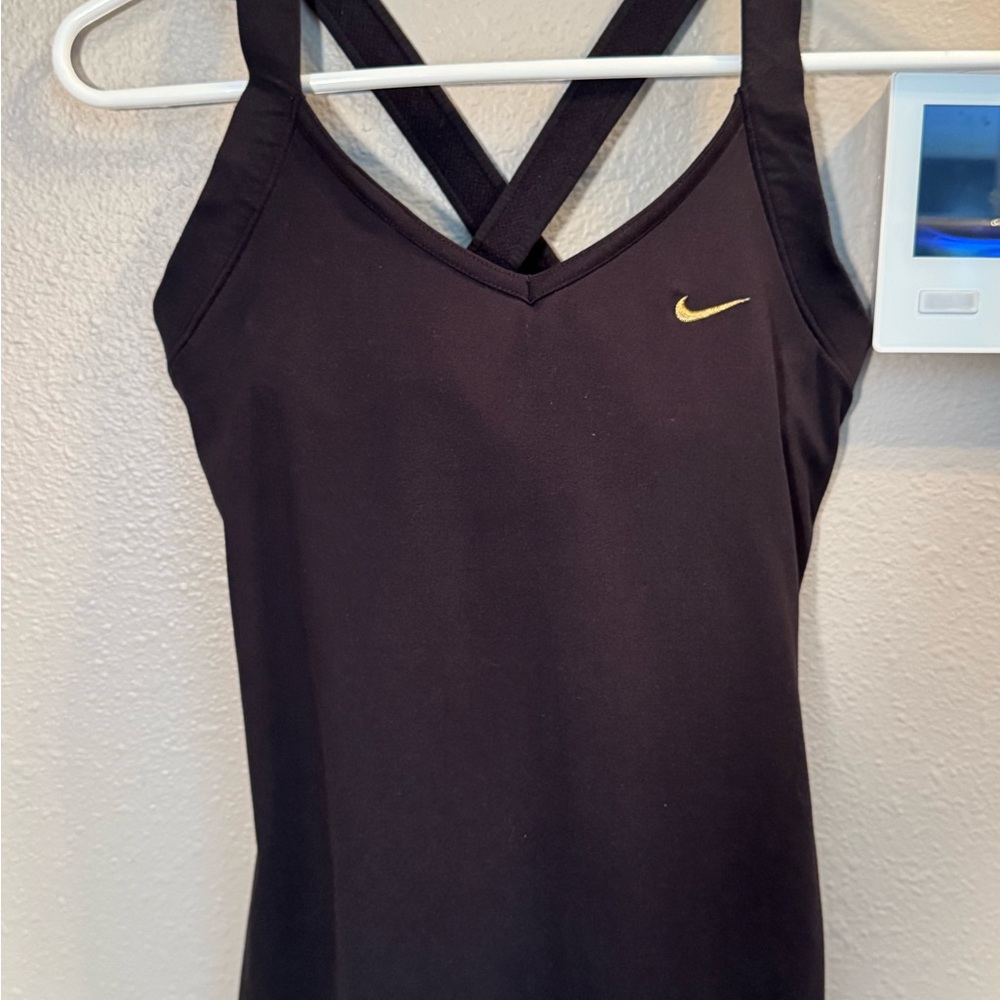 Nike Black Cross-Back Tank with Gold Swoosh Accent
